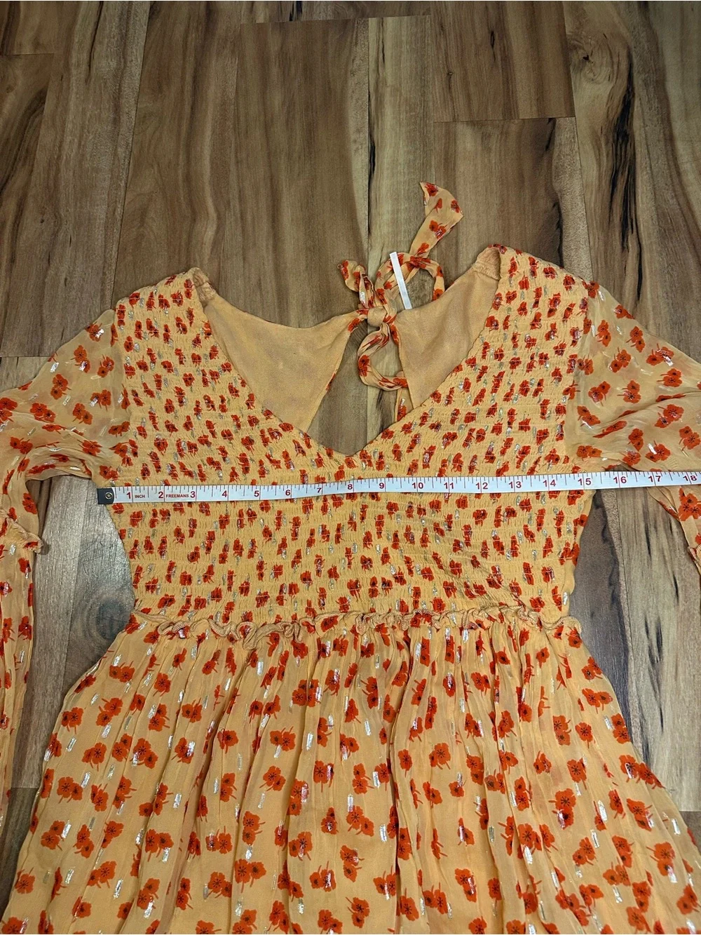 Free People M Golden Orange Floral Mini Dress Smocked Metallic Long Sleeve Boho